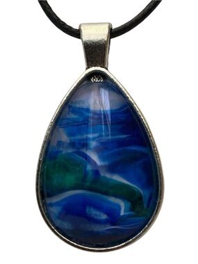 Hand Crafted Necklace White and Blue Fluid Art Pendant by Svetlana Yeung